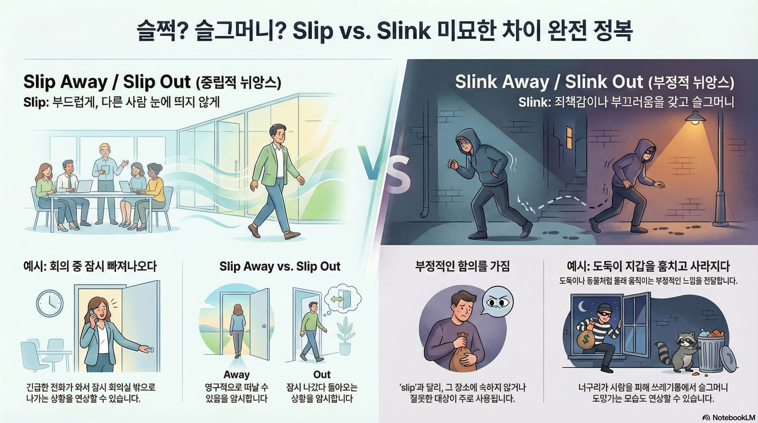 영어 표현 ‘sneak / slip / slink’ 완벽 정리! 미묘한 뉘앙스 한눈에 보기