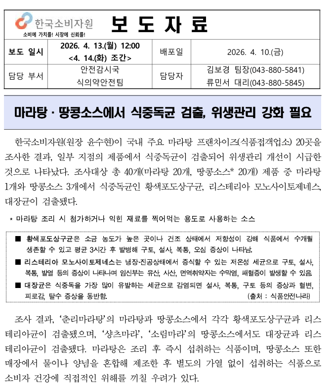 마라탕 식중독균 검출 논란 총정리 땅콩소스에서 황색포도상구균·리스테리아 확인