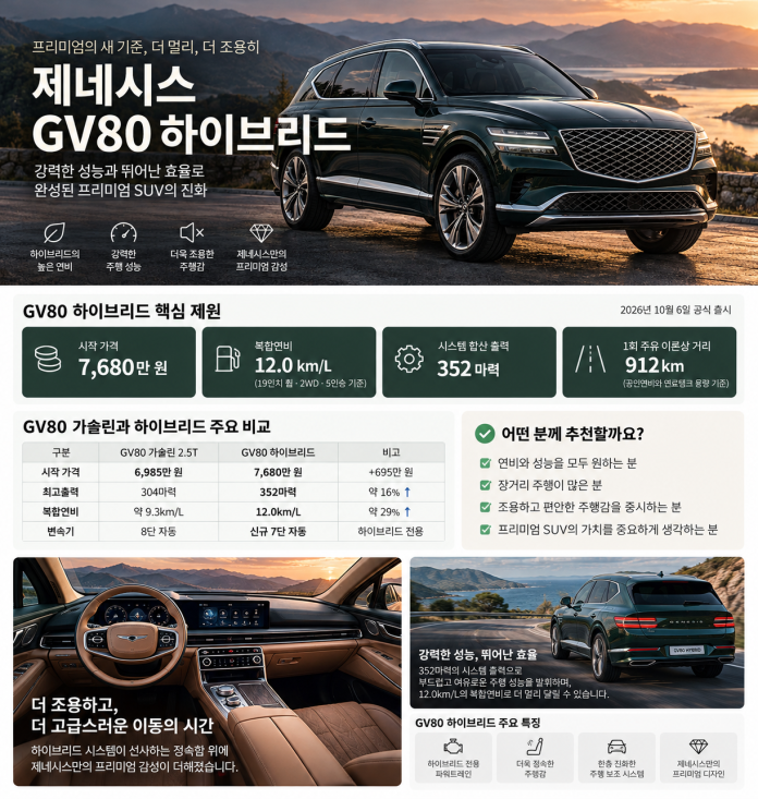 제네시스 GV80 하이브리드 가격 연비와 가솔린 유지비 비교