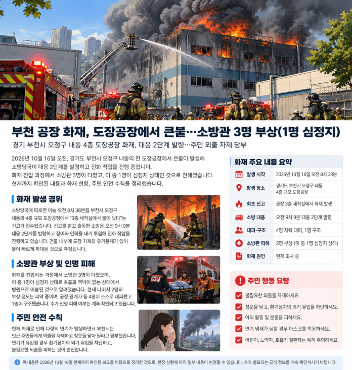 부천 공장 화재 오정구 내동 도장공장 7명 부상과 원인 조사