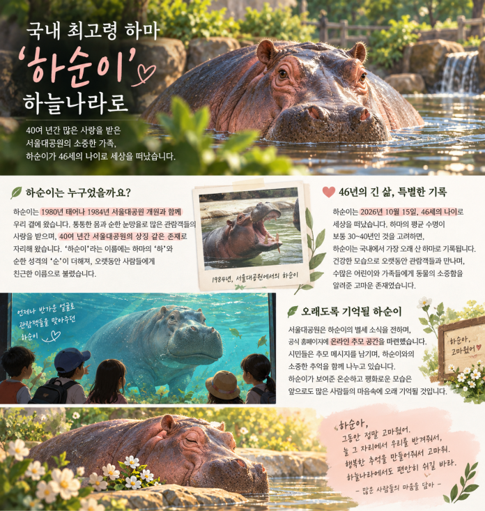국내 최고령 하마 하순이 46세 별세와 서울대공원 추모 이야기